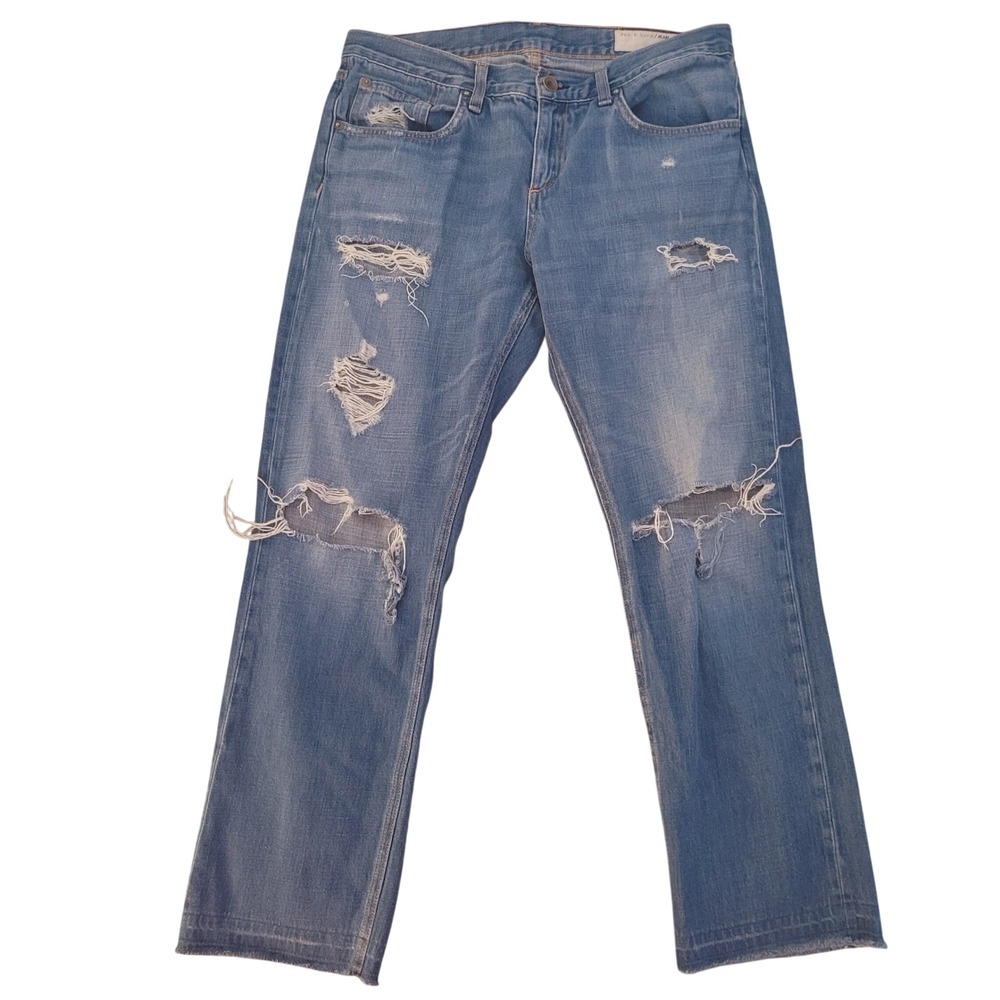 Rag & Bone‎  Distressed Straight Leg Jeans Blue Open Hem Raw Biker Grunge 29/8